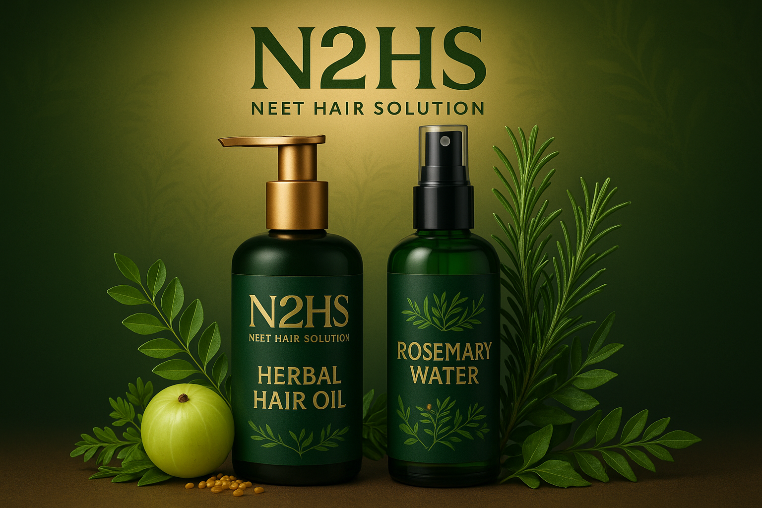 Herbal hair oil and rosemary water with Logo N2HS - Neet hair Solution, create some unique and bold design